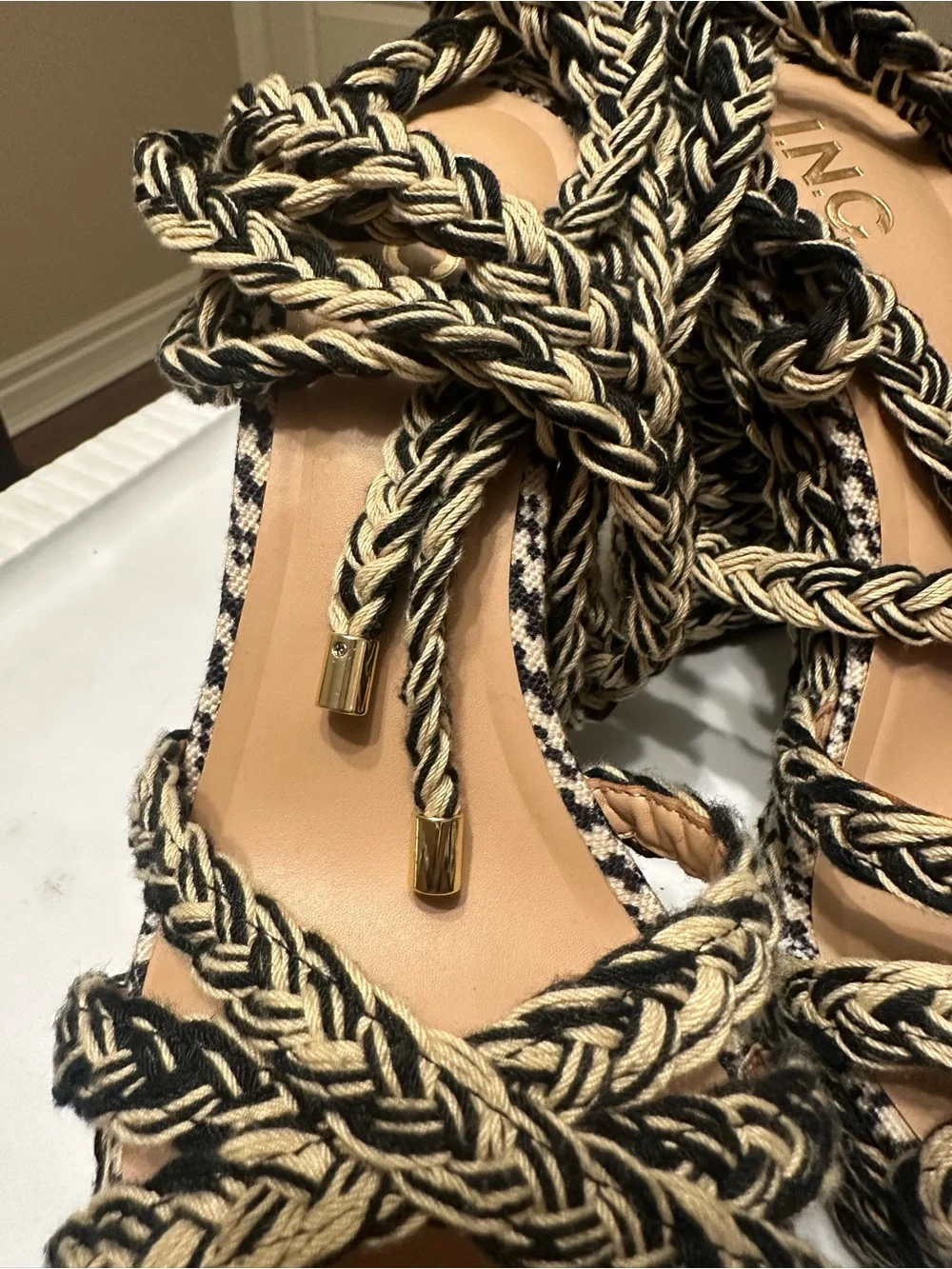 INC Braided Platform Ankle-Tie High Heel Sandal in Black & Beige
